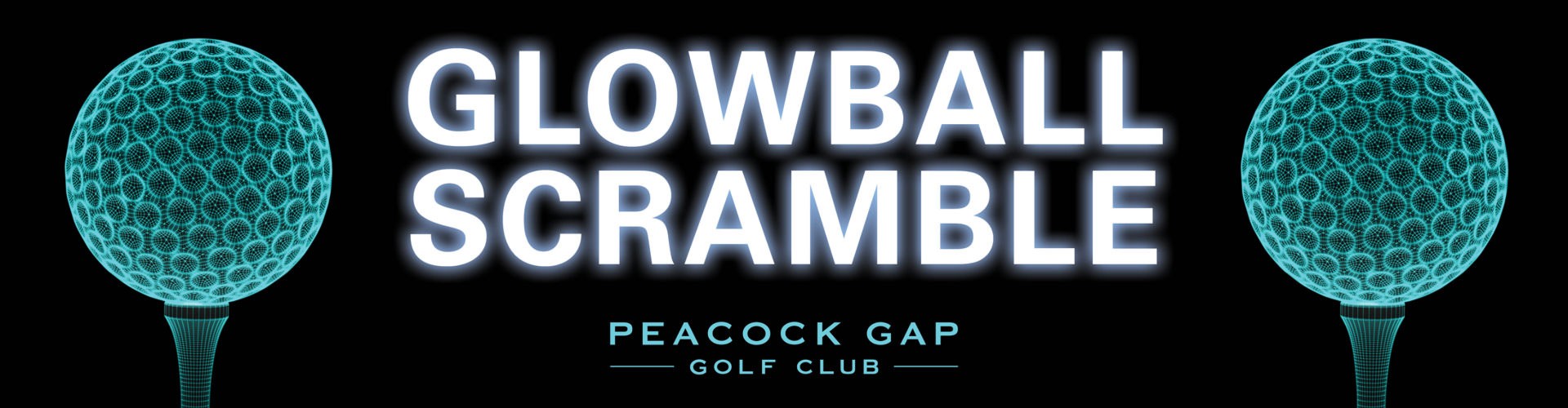 Two glowing golf balls on tees seperated byt the words Glowball Scramble